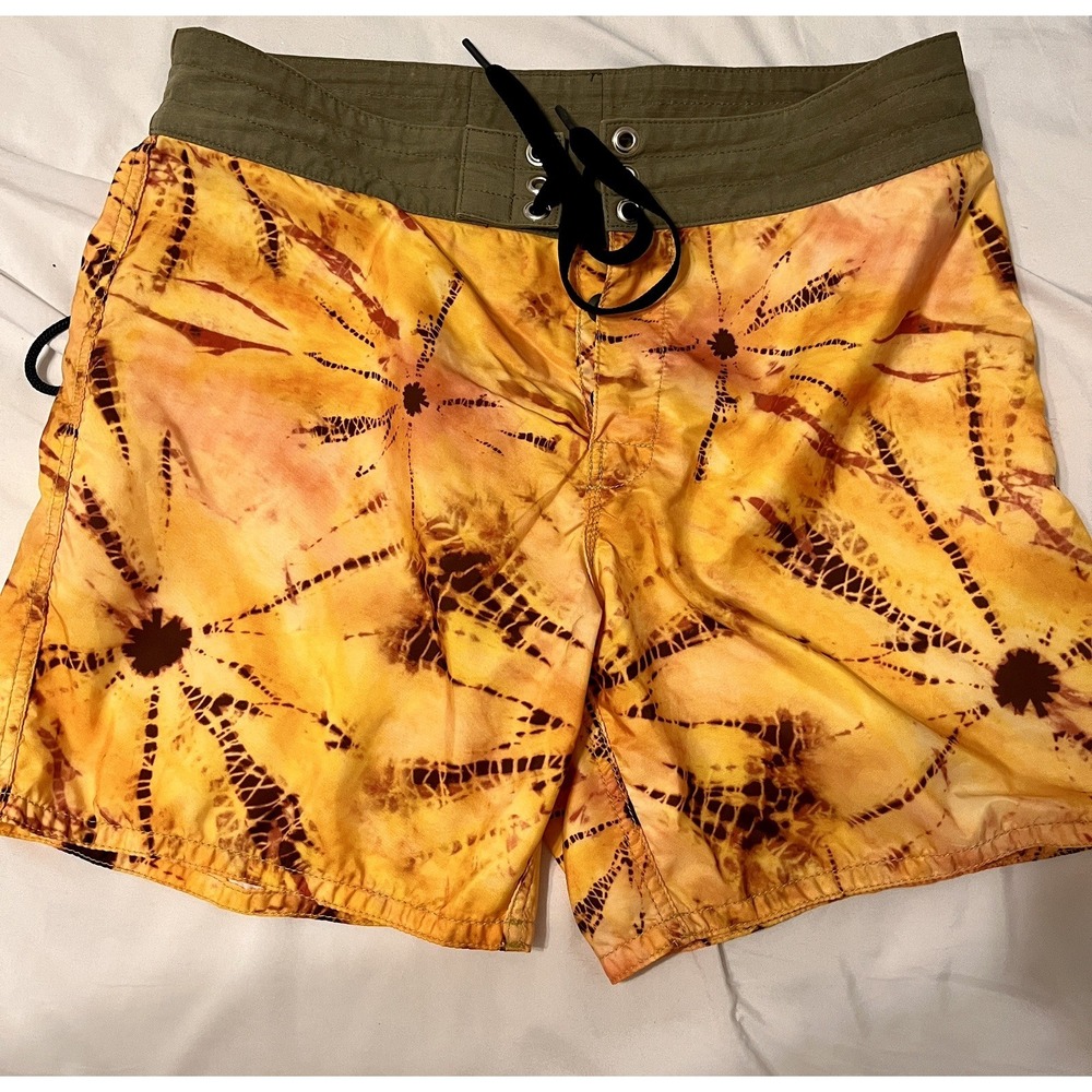 Birdwell Beach Britches Board Shorts Mens 32 Tie Dye Orange Surf Trunks USA VTG